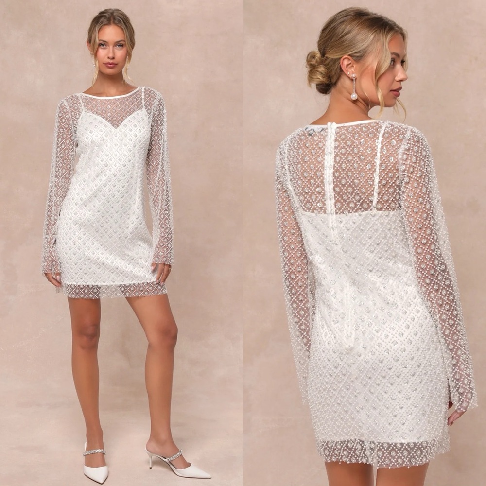 Lulu's White Sheer Lace Long-Sleeve Mini Wedding Dress